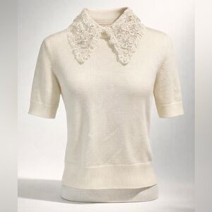 Miu Miu NWT virgin wool sweater w/ intricate lace & pearl collar, cream, 36